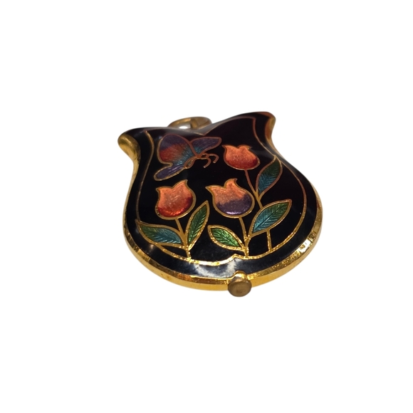 Vintage Cloisonné Tulip Pendant Butterfly Floral Black Enamel Gold Tone 1"x.75" - Picture 4 of 7